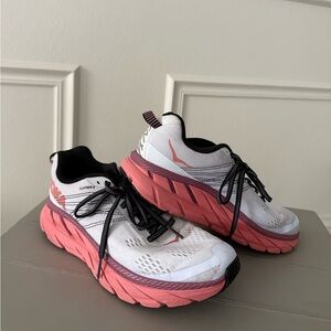 Hoka Clifton 6 White and Pink Athletic Shoes